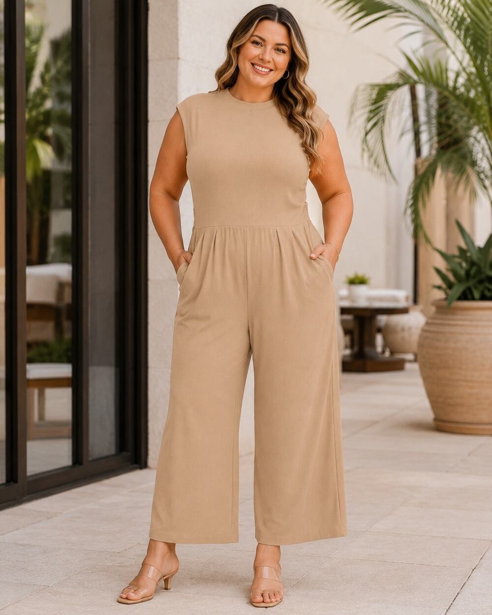 PRETTYGARDEN Camel Ribbed Wide Leg Jumpsuit XL NWT Sleeveless Mock Neck Pockets